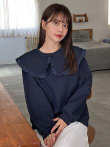 FRIFUL Frill Trim Statement Collar Sweatshirt - Navy Blue - View 8