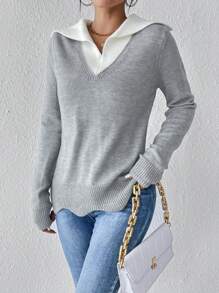 SHEIN Frenchy Contrast Collar Scallop Trim Sweater - Grey - View 4