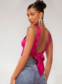 SHEIN BAE 淨色褶飾短款緞面襯衫 - 玫紅色 - 查看 6