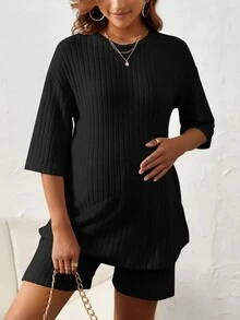SHEIN Maternity Solid Drop Shoulder Tee & Adjustable Waist Shorts - Black - View 7