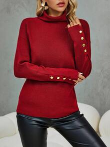 SHEIN Clasi 高領落肩袖紐扣細節套頭毛衣 - 酒紅色 - 查看 5