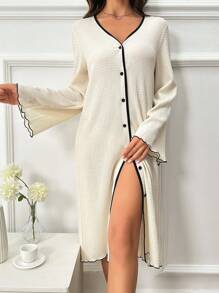Contrast Binding Button Front Pajama Nightdress - Apricot - View 4