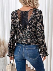 SHEIN Frenchy Floral Print Guipure Lace Insert Blouse - Multicolor - View 4