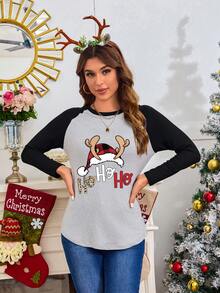 SHEIN EZwear In Giáng sinh Tay Raglan Áo thun - Màu Xám nhạt - Xem 6