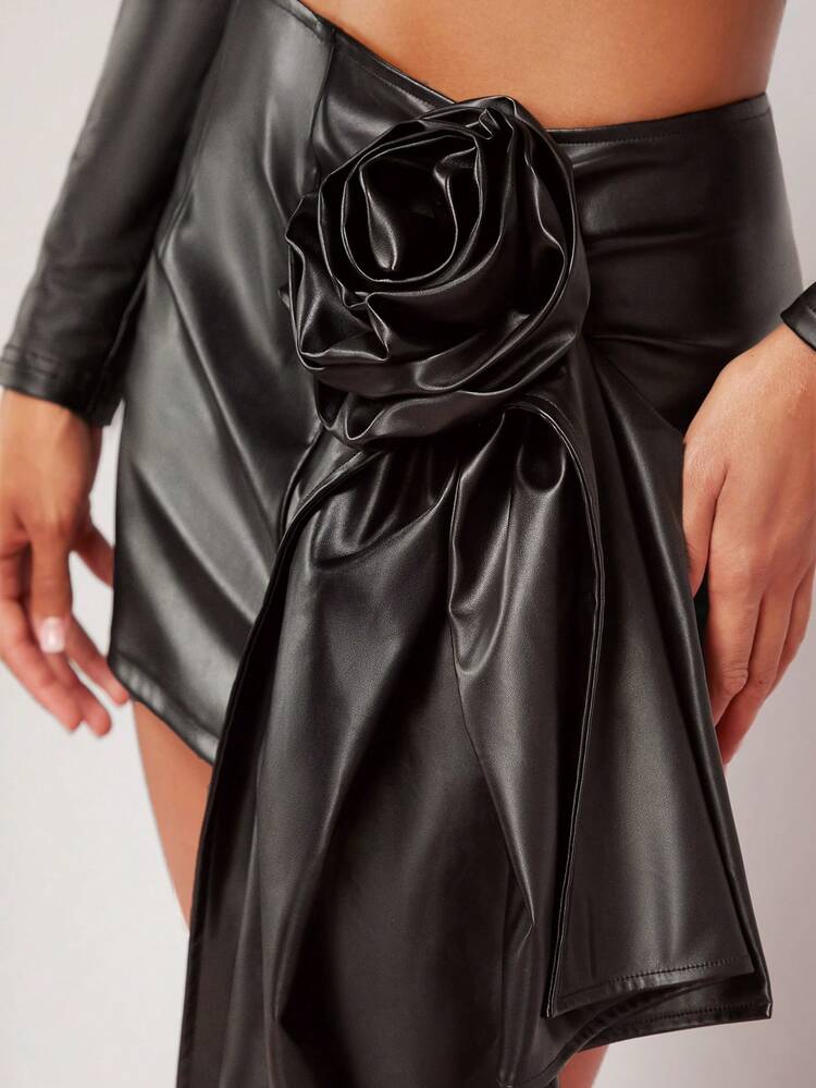 3D Flower Draped PU Leather Skirt