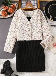 Teen Girl Allover Print Fluffy Jacket & Ribbed Cami Dress - White - View 7