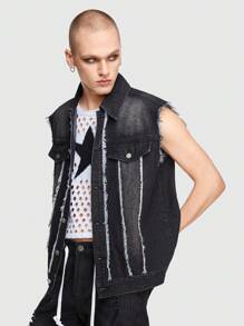 ROMWE MEN Grunge Punk 男士毛邊緣翻蓋細節馬甲牛仔夾克 - 黑色 - 查看 4