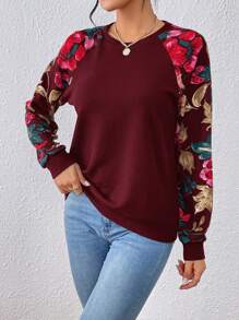 SHEIN LUNE Floral Print Raglan Sleeve Sweatshirt In Fall/Winter - Burgundy - View 4