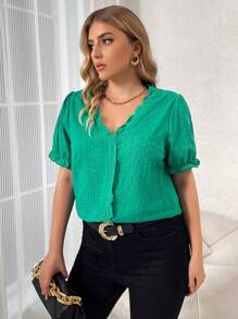 Flirla Plus Contrast Lace Puff Sleeve Blouse