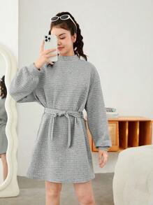 青少年女孩小高領落肩袖繫腰帶洋裝 - 灰色 - 查看 1