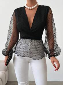EURMUSE Contrast Mesh Lantern Sleeve Peplum Blouse - Black - View 1