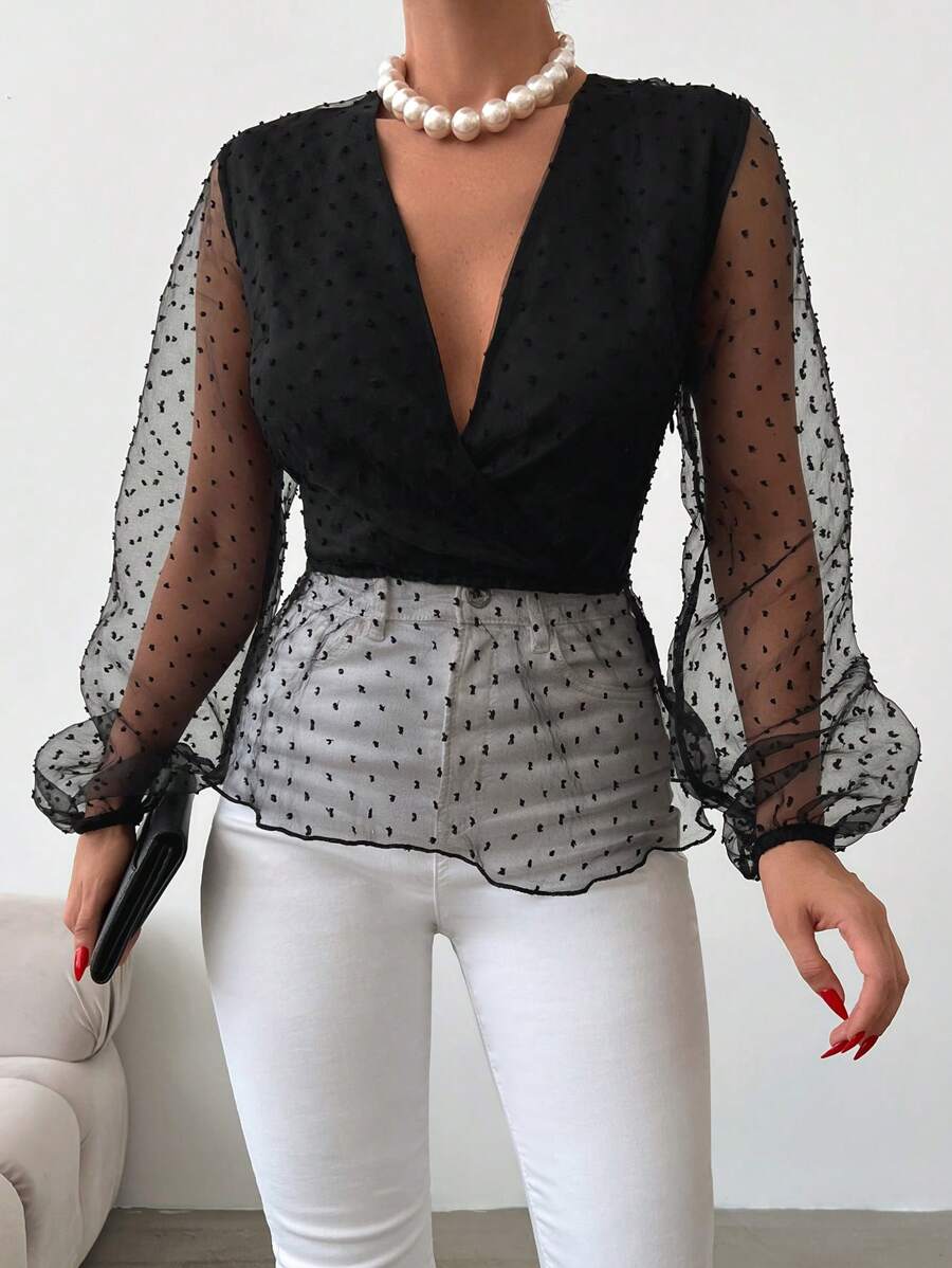 EURMUSE Contrast Mesh Lantern Sleeve Peplum Blouse - Black - View 1