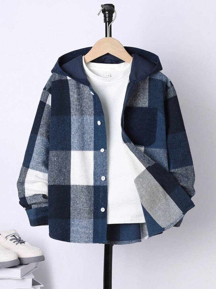 SHEIN Garoto pré-adolescente Impressão Xadrez Cncapuzado Camiseta Sem Camiseta - Azul - Visão 1