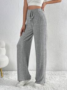 SHEIN Tall Dây thắt lưng Đồ đan Ribbed Nút phía trước Quần ống rộng - Xám - Xem 3