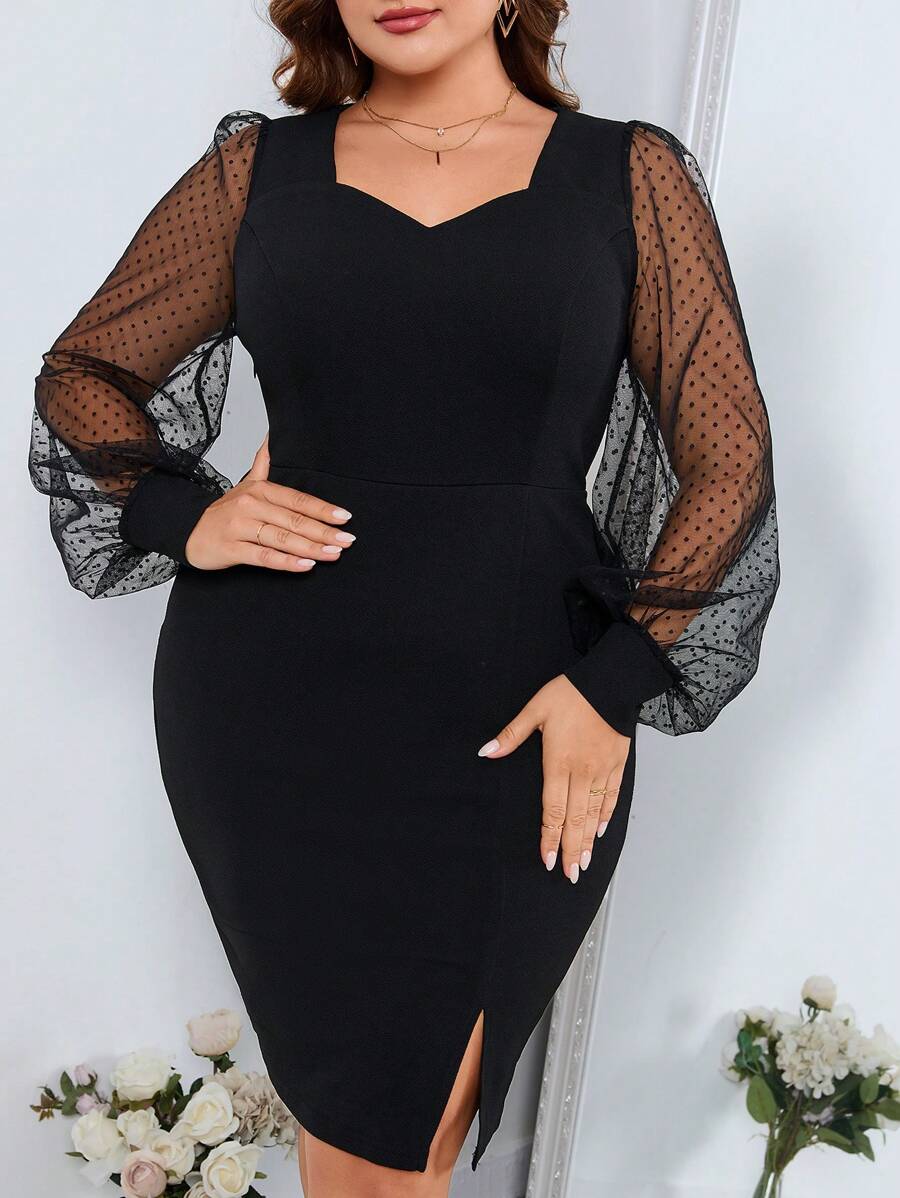 Reflora Plus Contrast Dobby Mesh Lantern Sleeve Split Hem Bodycon Dress - Black - View 1