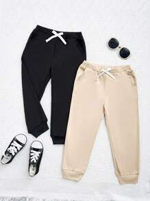 SHEIN Young Girl 2pcs Bow Front Sweatpants - Apricot - View 1