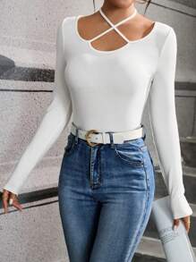 SHEIN Privé Crisscross Buộc lại Đồ đan Ribbed Áo thun - trắng - Xem 4