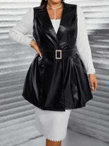 SHEIN Unity Plus Plicated Detail PU Leather Vest Coat With Belt - Black - View 2