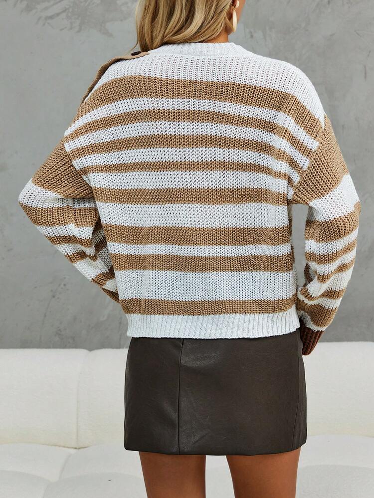 Striped Pattern Drop Shoulder Button Detail Knit Pullover Fall Winter Sweater