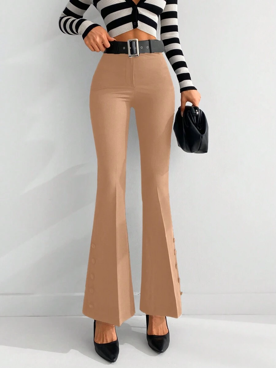 EURMUSE Button Detail Flare Leg Pants Without Belt - Camel - View 1