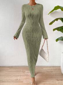 Rafferiza Solid Flare Sleeve Lettuce Hem Bodycon Dress Maxi Women Outfit Fall Cloth For Women - Green - View 3