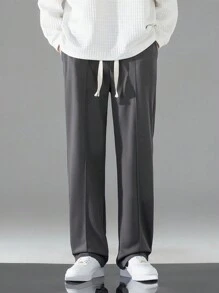 Men Drawstring Waist Straight Leg Trousers - Dark Grey - View 4