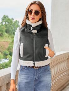 休閒仿皮草拼接 口袋撞色女士夾克 - 黑色 - 查看 3