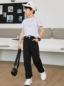 SHEIN Tween Boy Drawstring Waist Straight Leg Pants - Black - View 3