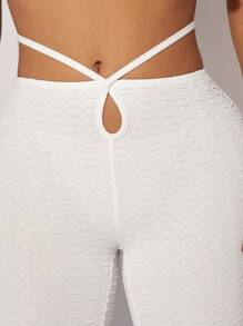 SHEIN SXY 貼花繫帶露背掛脖上衣和喇叭褲 - 杏色 - 查看 5