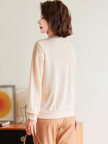 條紋飾邊前紐扣T恤 - 米色 - 查看 2