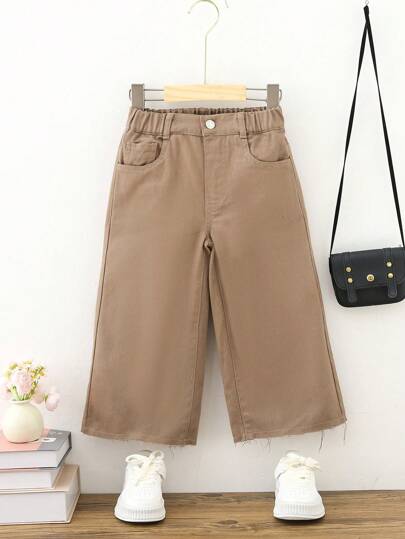 SHEIN Playful Pals Young Girl Preppy Casual Khaki Fully Elastic Waist Wide Legs Cropped Pants With Flat Pockets