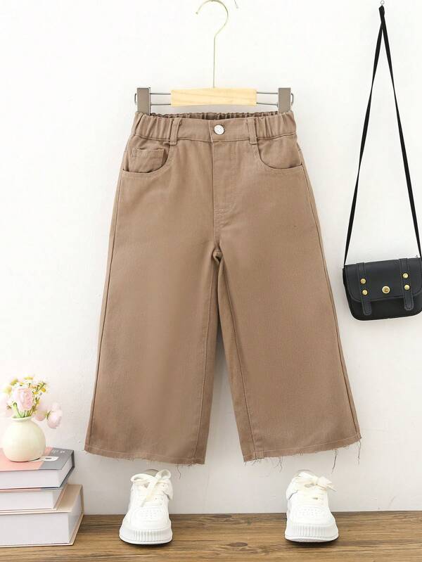 SHEIN Playful Pals Young Girl Preppy Casual Khaki Fully Elastic Waist Wide Legs Cropped Pants With Flat Pockets