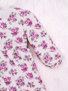 Baby Girl Floral Print Square Neck Lantern Sleeve Dress - Apricot - View 4