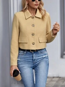 SHEIN LUNE 正面翻蓋細節鈕扣短款大衣 - 棕色 - 查看 1