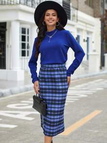 SHEIN Clasi Mock Neck Tee & Plaid Split Hem Skirt - Blue - View 5