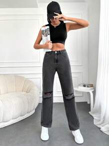 SHEIN Cottnline Ripped Straight Leg Jeans - Black - View 5