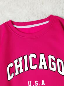 SHEIN EZwear 字母圖案加絨內裏運動衫 - 玫紅色 - 查看 6