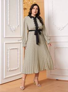 Modelyn 大碼通體印花撞色蕾絲束帶襯衫洋裝 - 杏色 - 查看 4