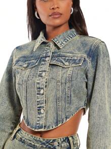 SHEIN BAE Flap Pocket Curved Hem Crop Denim Jacket - Blue - View 6