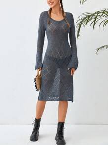 Soleia Solid Pointelle Knit Sweater Dress Without Belt - Dusty Blue - View 1