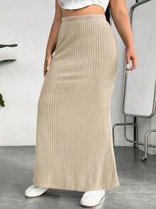 SHEIN EZwear Hơn Tách đùi Đồ đan Ribbed Váy - Màu be - Xem 5