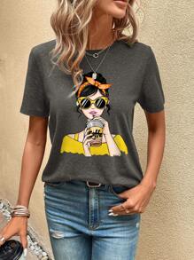 SHEIN LUNE 可愛少女肖像印花圓領短袖女T恤，適用於夏季咖啡館 - 深灰色 - 查看 1