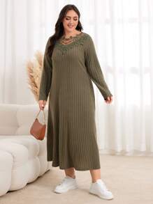 Lacomfia 大碼蕾絲拼接條紋針織洋裝 - 軍綠色 - 查看 6