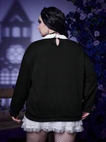Corpse Bride | ROMWE Talla grande Sudadera con estampado de letra y figura de cuello en contraste de hombros caídos - Negro - Ver 2