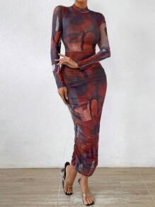 Zolique Allover Print Mock Neck Bodycon Dress - Multicolor - View 3