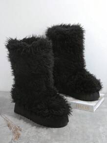 SHUZIA Fuzzy Cuff Slip On Boots - Black - View 3