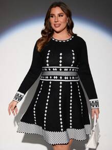 SHEIN Clasi 大碼地理圖案毛衣洋裝 - 黑色 - 查看 4