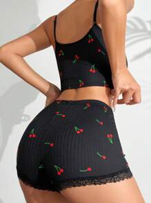 SHEIN Cherry Print Lace Trim Cami Top & Shorts PJ Set / Pajama Set - Black - View 2
