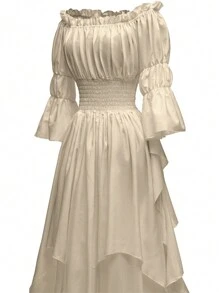 Medieval Style Women's Solid Color Off Shoulder Flared Sleeve Ruched Waist Maxi Elegant Dress Spring - Champagne - View 7