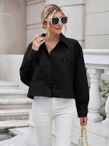 SHEIN Essnce 素色刺繡前紐扣落肩袖襯衫 - 黑色 - 查看 5